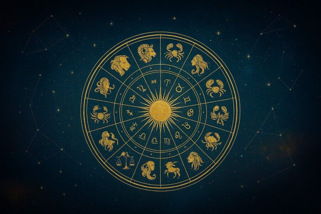 The zodiac wheel is shown in gold on a dark background.